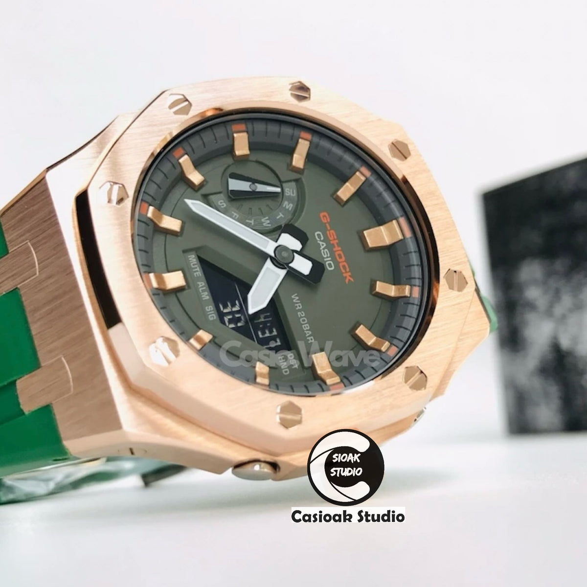 Casioak Mod Watch Black Case Green Rubber Strap Black Rosegold Time Mark Olive Dials 44mm