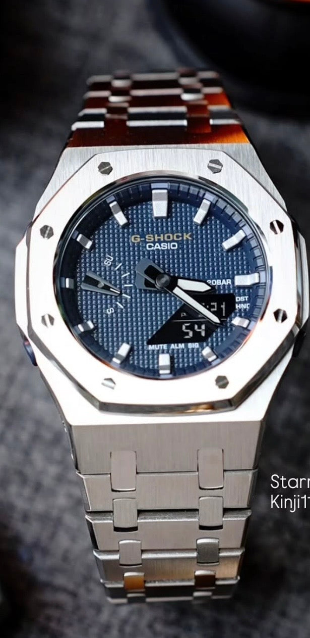 Casioak Mod Watch Silver Case Metal Strap Silver Time Mark Blue Waffle Dials 42mm