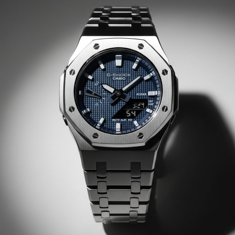 Casioak Mod Watch Silver Case Metal Strap Silver Time Mark Blue Waffle Dials 42mm