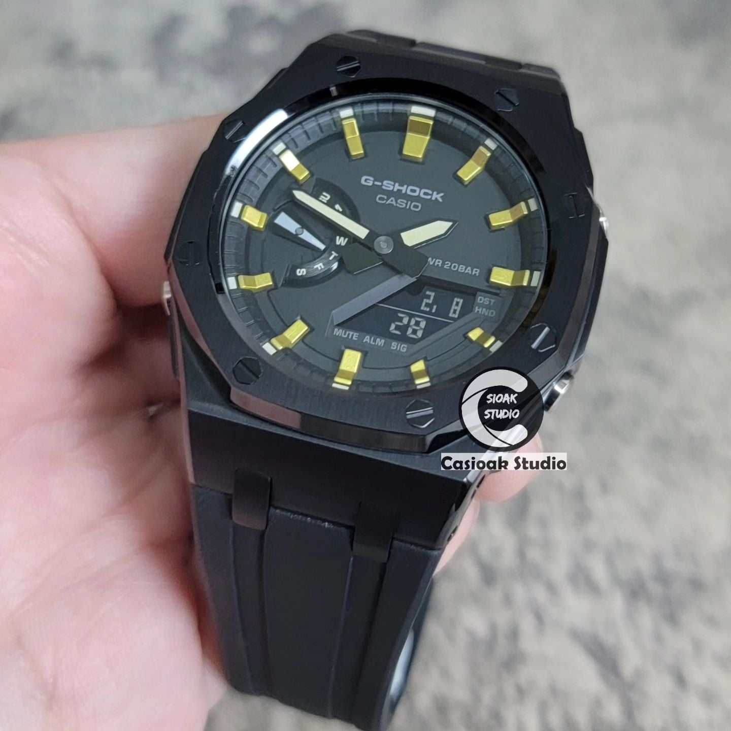 Casioak Mod Watch Offshore Superior Black Case Black Rubber Strap Black Gold Time Mark Black Dial 44mm - Casioak Studio