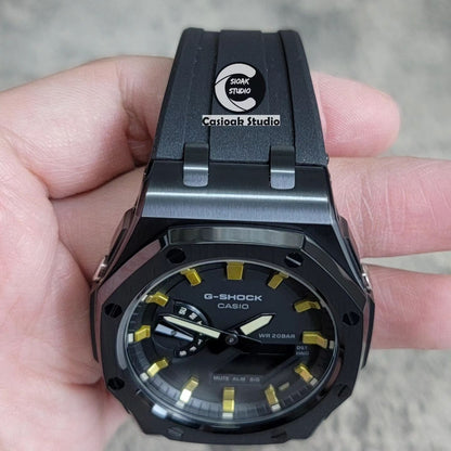 Casioak Mod Watch Offshore Superior Black Case Black Rubber Strap Black Gold Time Mark Black Dial 44mm - Casioak Studio