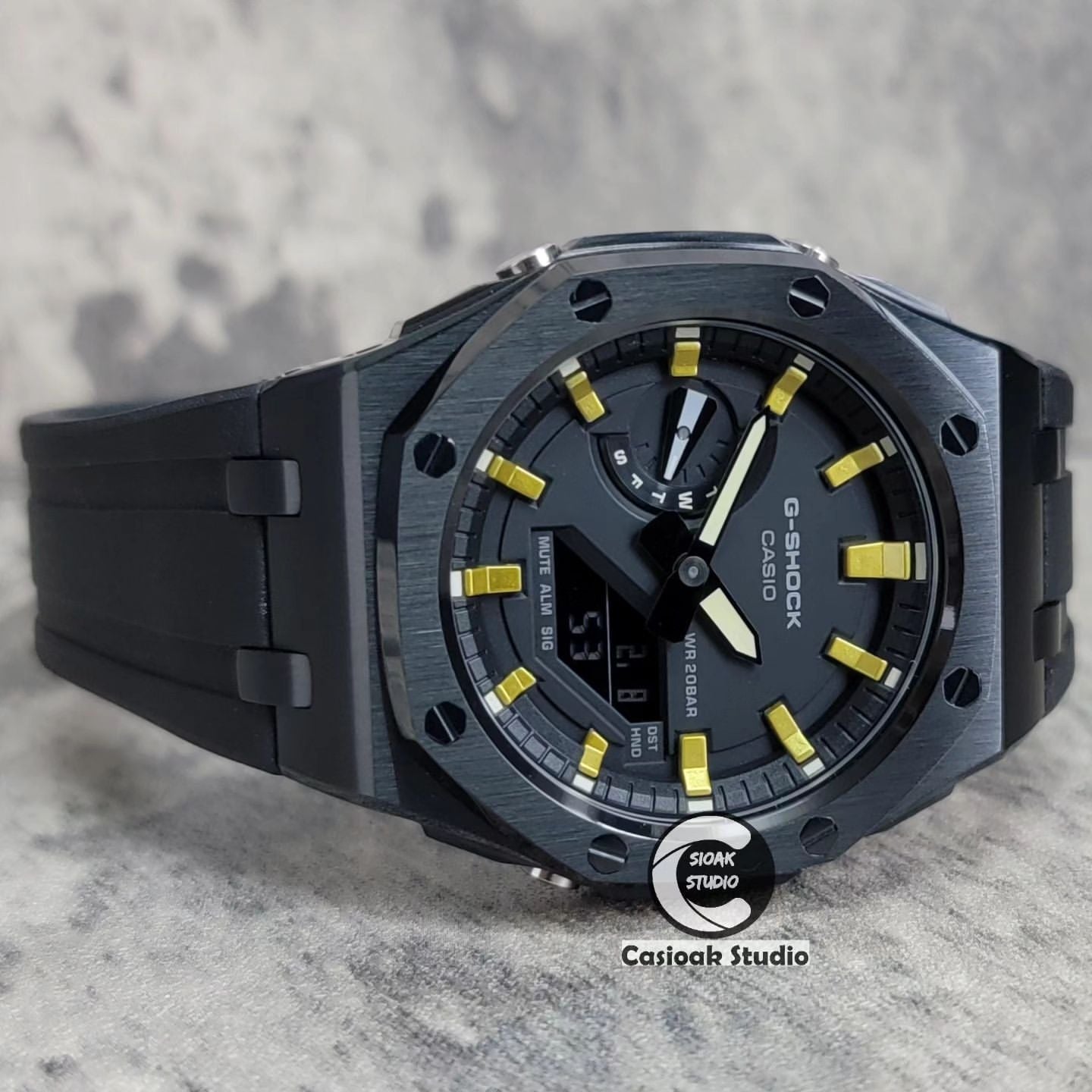 Casioak Mod Watch Offshore Superior Black Case Black Rubber Strap Black Gold Time Mark Black Dial 44mm - Casioak Studio