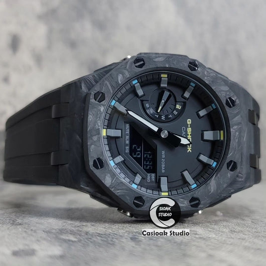 Casioak Mod Watch Carbon Fiber Superior Black Case Black Strap Black Gray Time Mark Black Dial 44mm