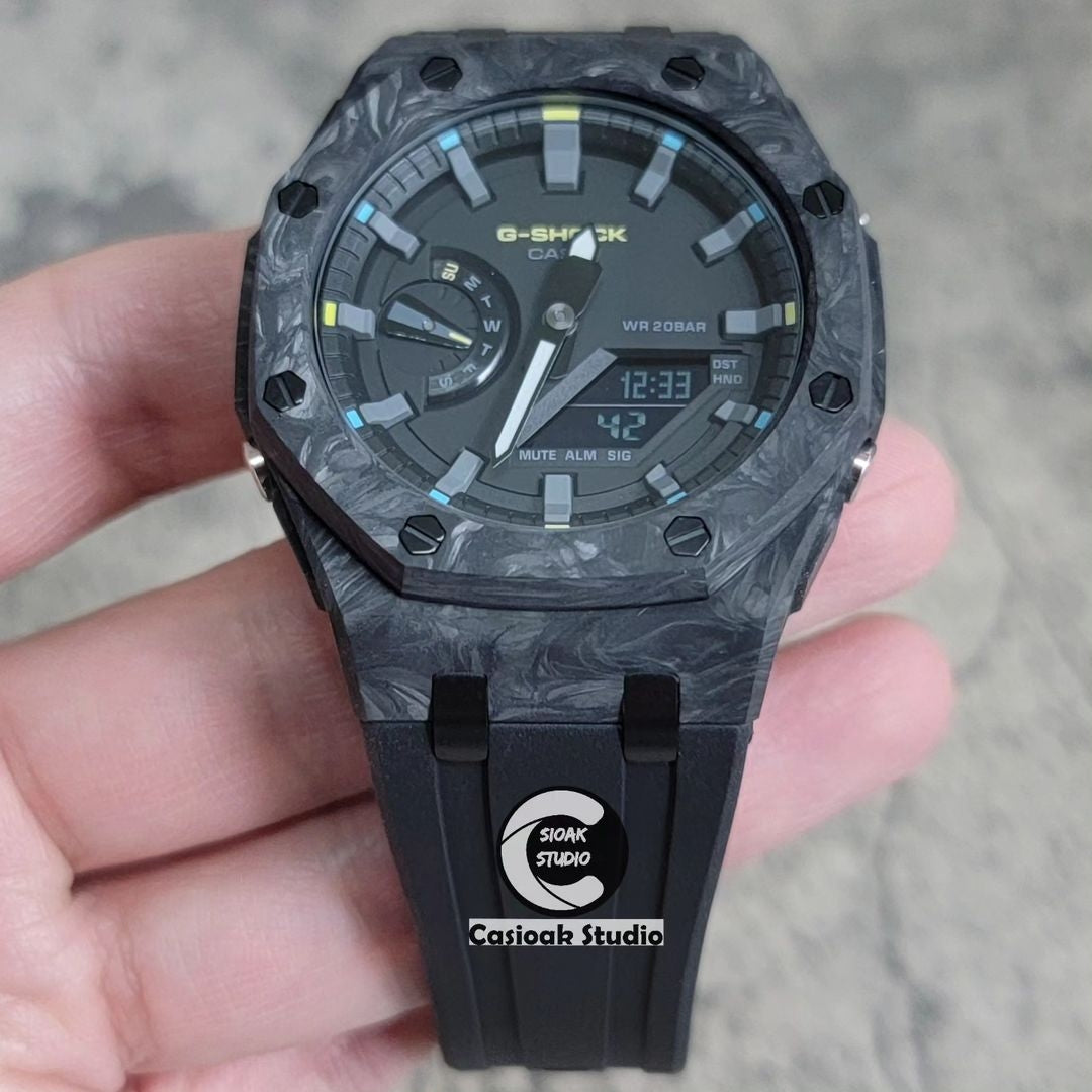 Casioak Mod Watch Carbon Fiber Superior Black Case Black Strap Black Gray Time Mark Black Dial 44mm - Casioak Studio