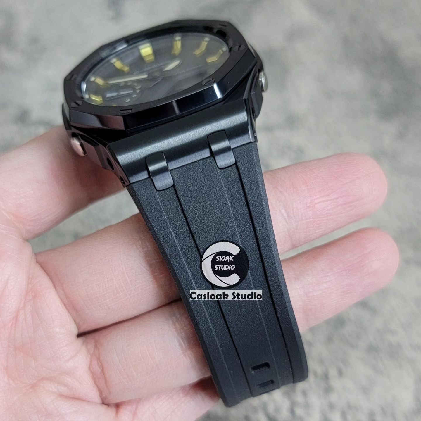 Casioak Mod Watch Offshore Superior Black Case Black Rubber Strap Black Gold Time Mark Black Dial 44mm - Casioak Studio