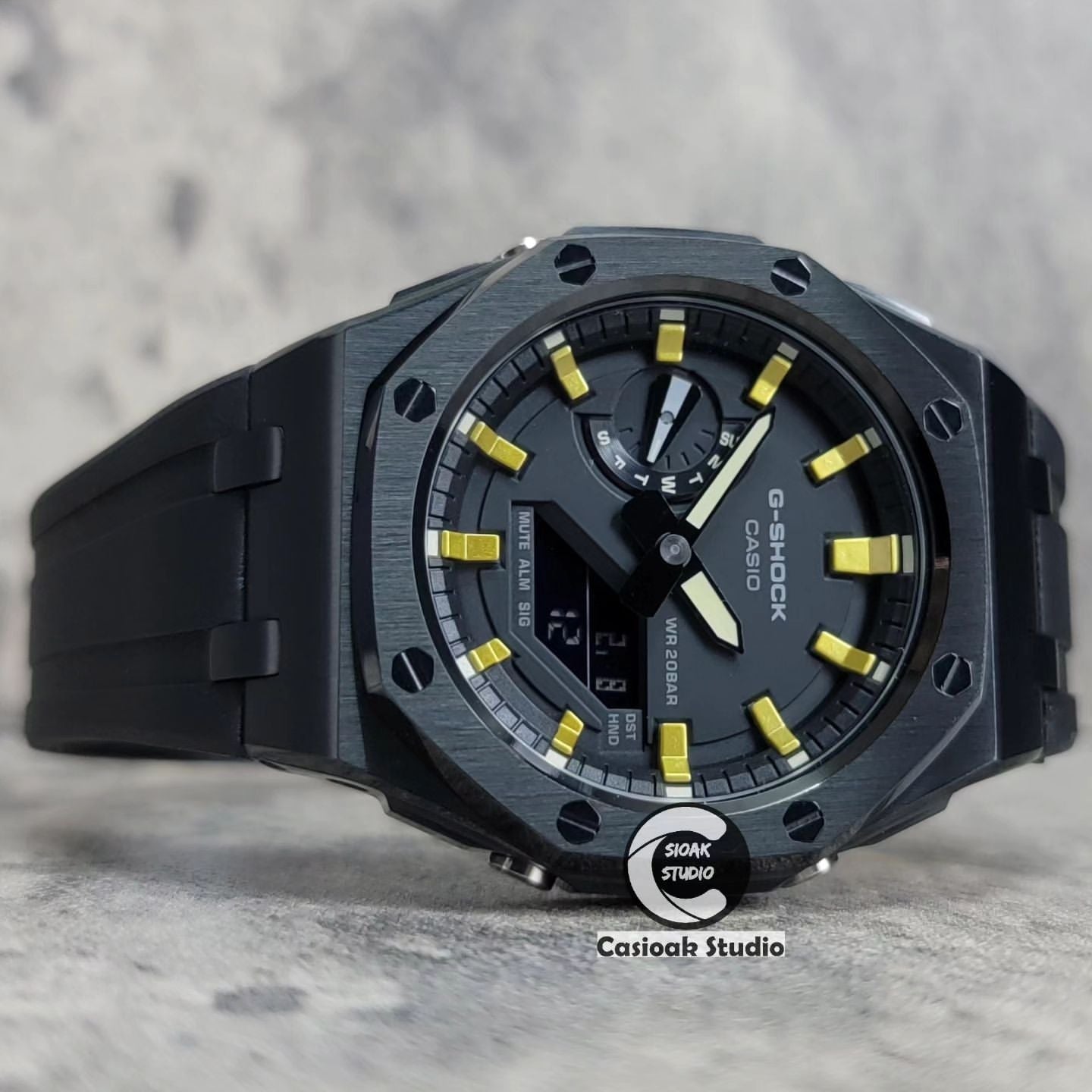 Casioak Mod Watch Offshore Superior Black Case Black Rubber Strap Black Gold Time Mark Black Dial 44mm - Casioak Studio