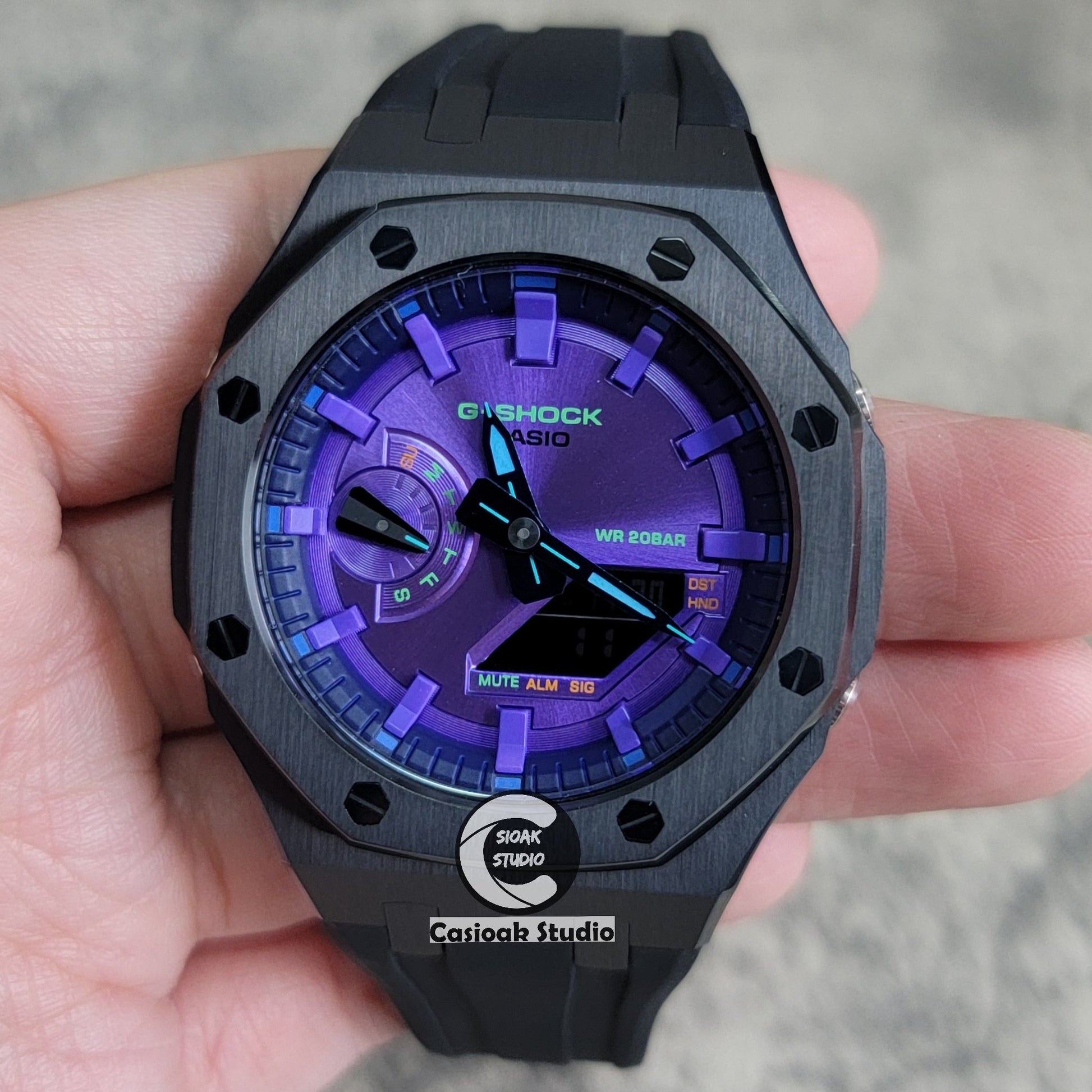 Casioak Mod Black Case Black Rub Purple Time Mark Purple Dial 44mm- Casioak Mod Casio G-Shock Royal Oak Custom Mens Luxury Watches Ga2100