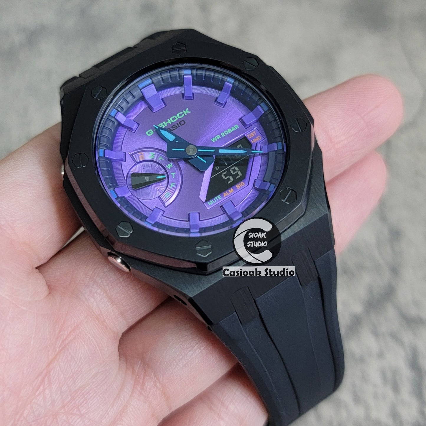 Casioak Mod Black Case Black Rub Purple Time Mark Purple Dial 44mm- Casioak Mod Casio G-Shock Royal Oak Custom Mens Luxury Watches Ga2100