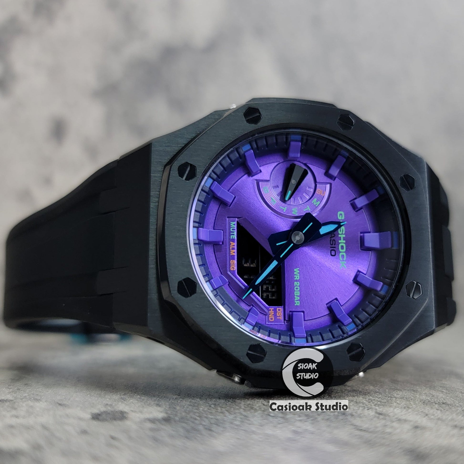 Casioak Mod Black Case Black Rub Purple Time Mark Purple Dial 44mm- Casioak Mod Casio G-Shock Royal Oak Custom Mens Luxury Watches Ga2100