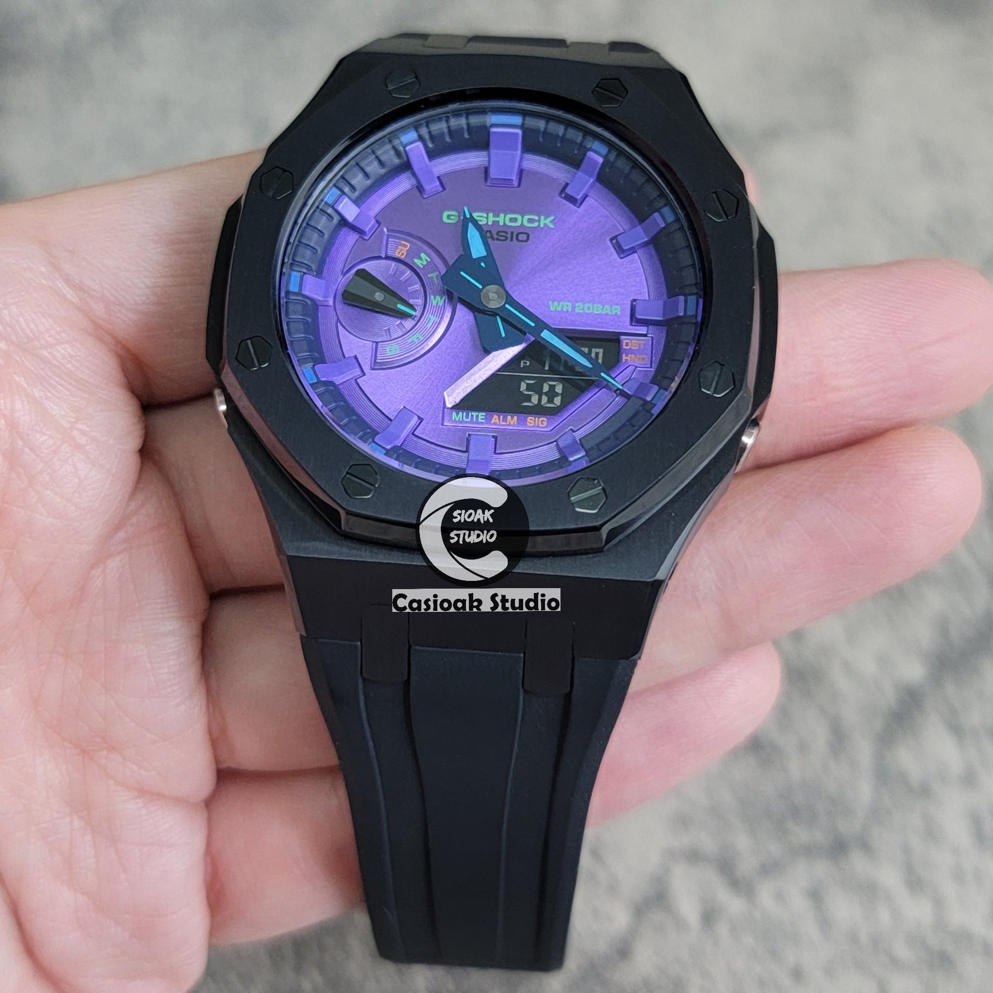 Casioak Mod Black Case Black Rub Purple Time Mark Purple Dial 44mm- Casioak Mod Casio G-Shock Royal Oak Custom Mens Luxury Watches Ga2100