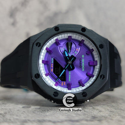 Casioak Mod Black Case Black Rub Silver Purple Time Mark Purple Dial 44mm- Casioak Mod Casio G-Shock Royal Oak Custom Mens Luxury Watches Ga2100