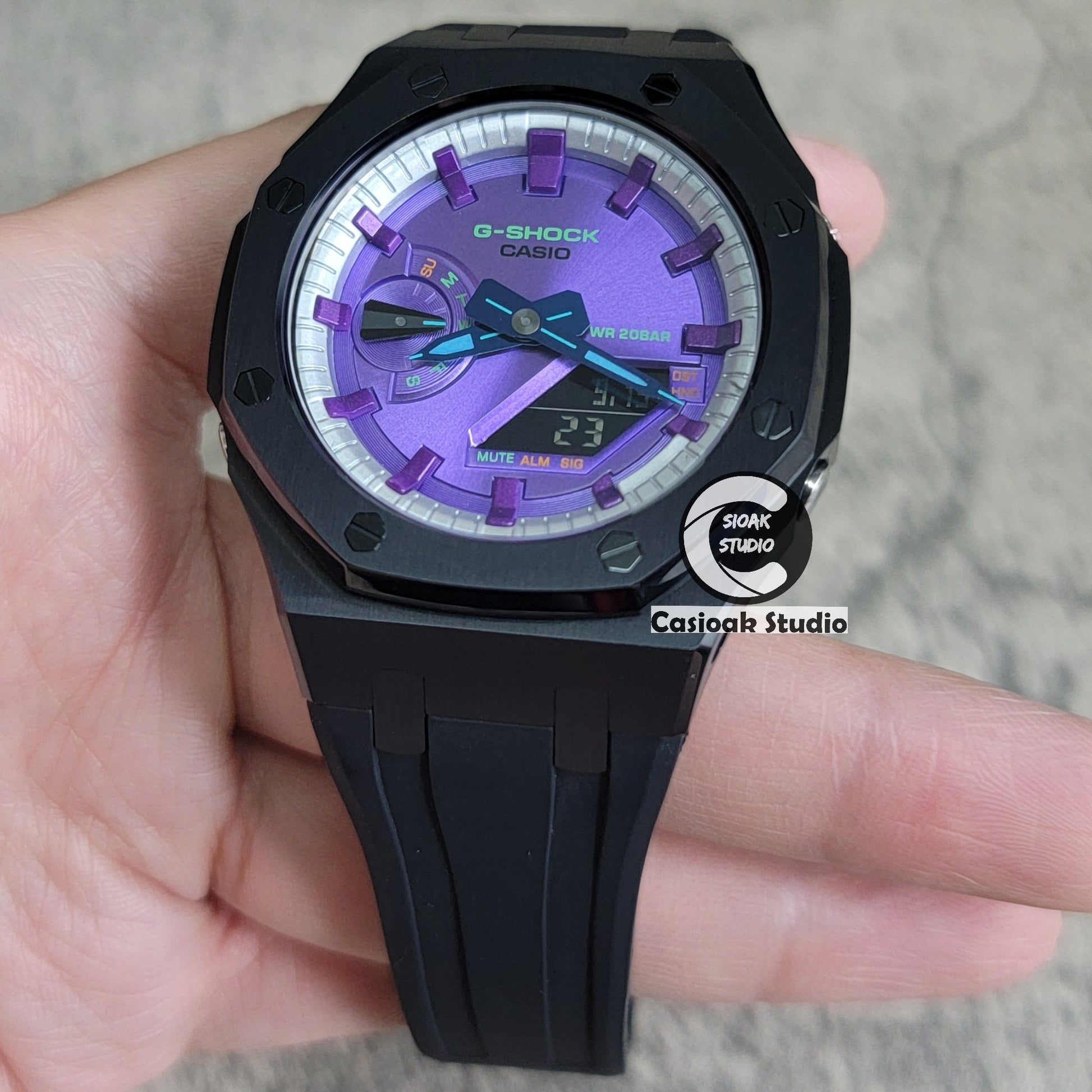 Casioak Mod Black Case Black Rub Silver Purple Time Mark Purple Dial 44mm- Casioak Mod Casio G-Shock Royal Oak Custom Mens Luxury Watches Ga2100