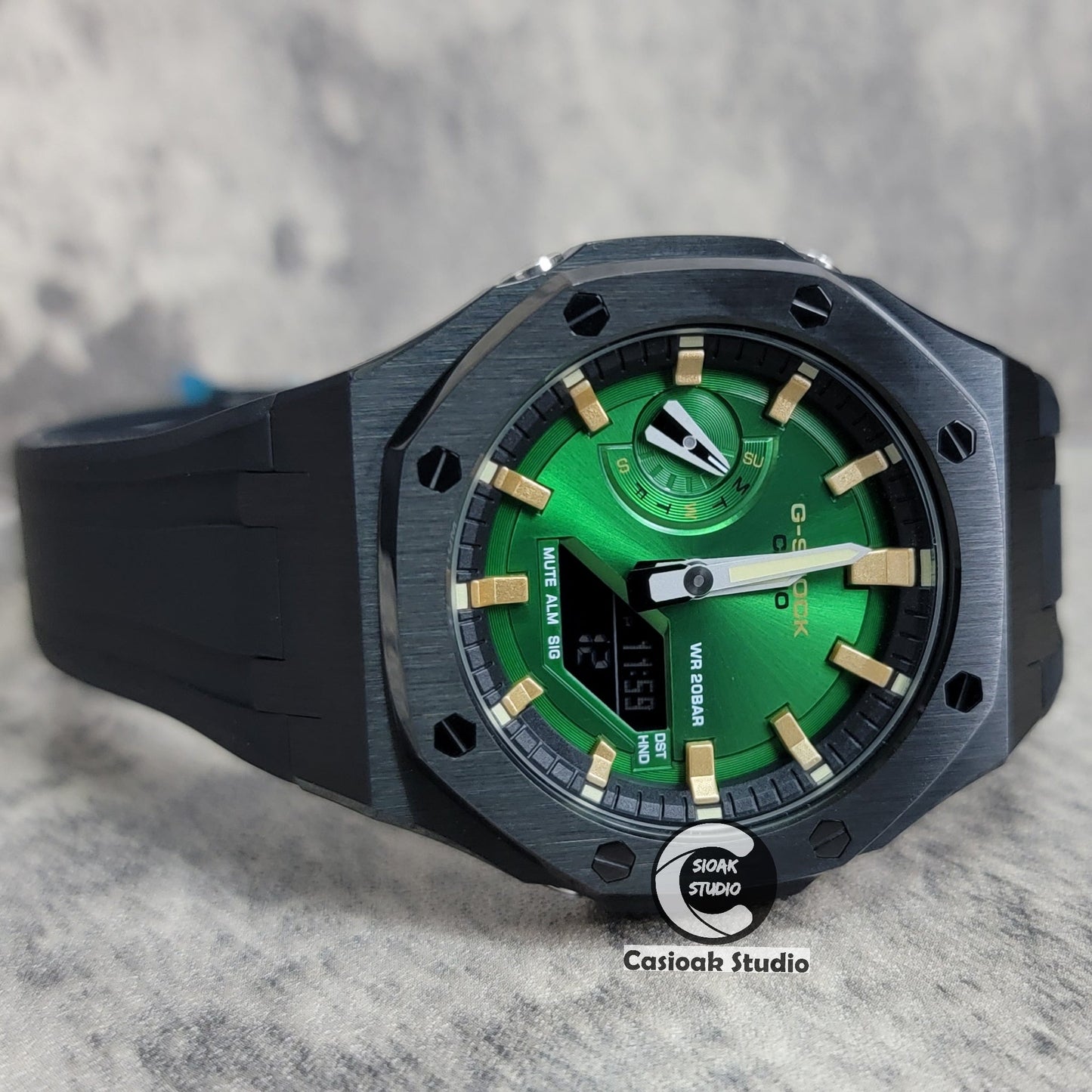 Casioak Mod Black Case Metal Strap Black Gold Time Mark Green Dial 44mm- Casioak Mod Casio G-Shock Royal Oak Custom Mens Luxury Watches Ga2100