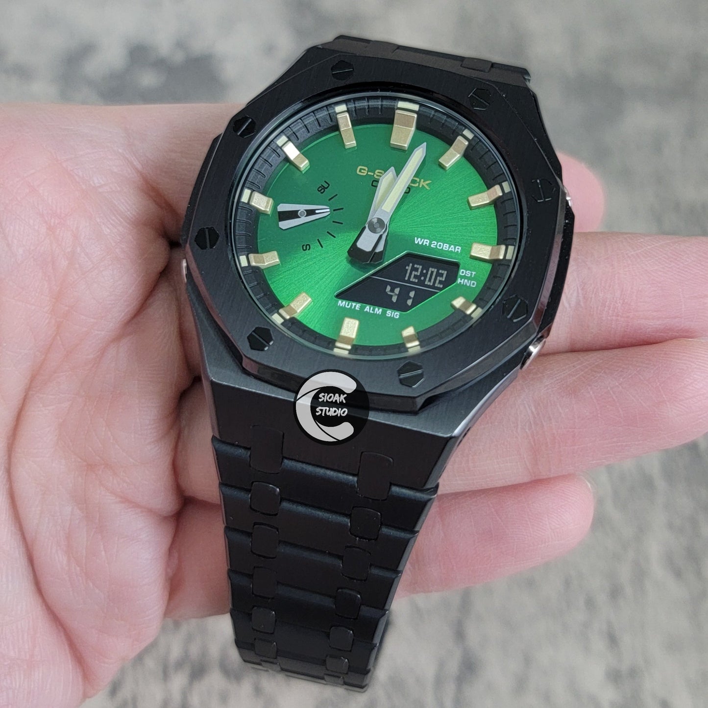 Casioak Mod Black Case Metal Strap Black Gold Time Mark Green Dial 44mm- Casioak Mod Casio G-Shock Royal Oak Custom Mens Luxury Watches Ga2100