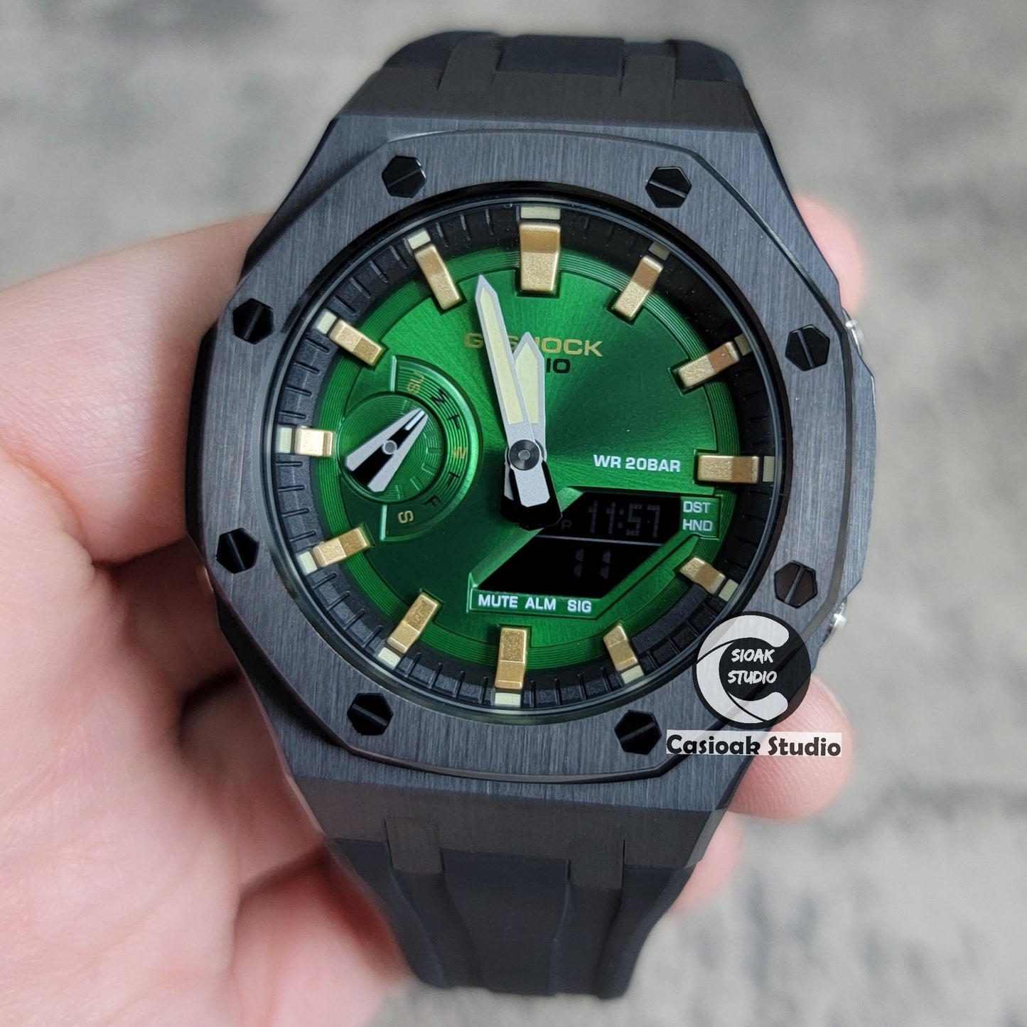 Casioak Mod Black Case Metal Strap Black Gold Time Mark Green Dial 44mm- Casioak Mod Casio G-Shock Royal Oak Custom Mens Luxury Watches Ga2100