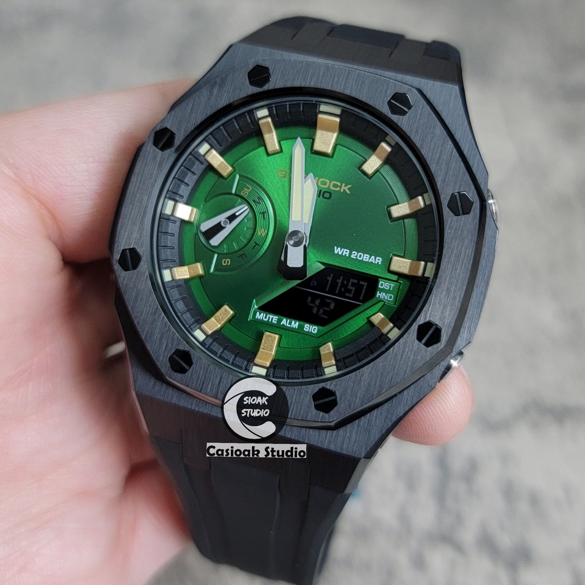 Casioak Mod Black Case Metal Strap Black Gold Time Mark Green Dial 44mm- Casioak Mod Casio G-Shock Royal Oak Custom Mens Luxury Watches Ga2100