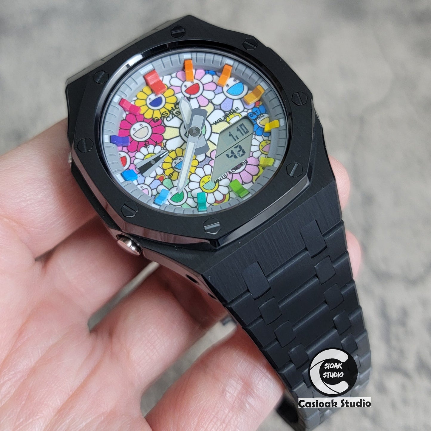 Casioak Mod Black Case Metal Strap Rainbow Time Mark Takashi Murakami Dial 44mm- Casioak Mod Casio G-Shock Royal Oak Custom Mens Luxury Watches Ga2100