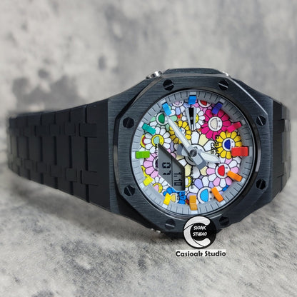 Casioak Mod Black Case Metal Strap Rainbow Time Mark Takashi Murakami Dial 44mm- Casioak Mod Casio G-Shock Royal Oak Custom Mens Luxury Watches Ga2100