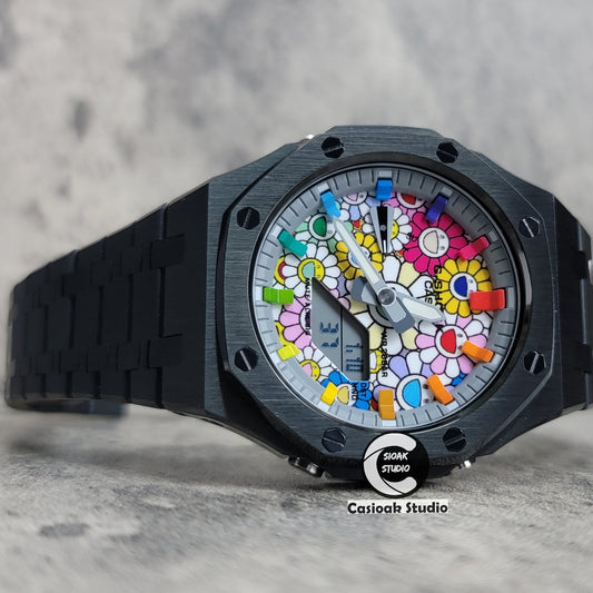 Casioak Mod Black Case Metal Strap Rainbow Time Mark Takashi Murakami Dial 44mm- Casioak Mod Casio G-Shock Royal Oak Custom Mens Luxury Watches Ga2100