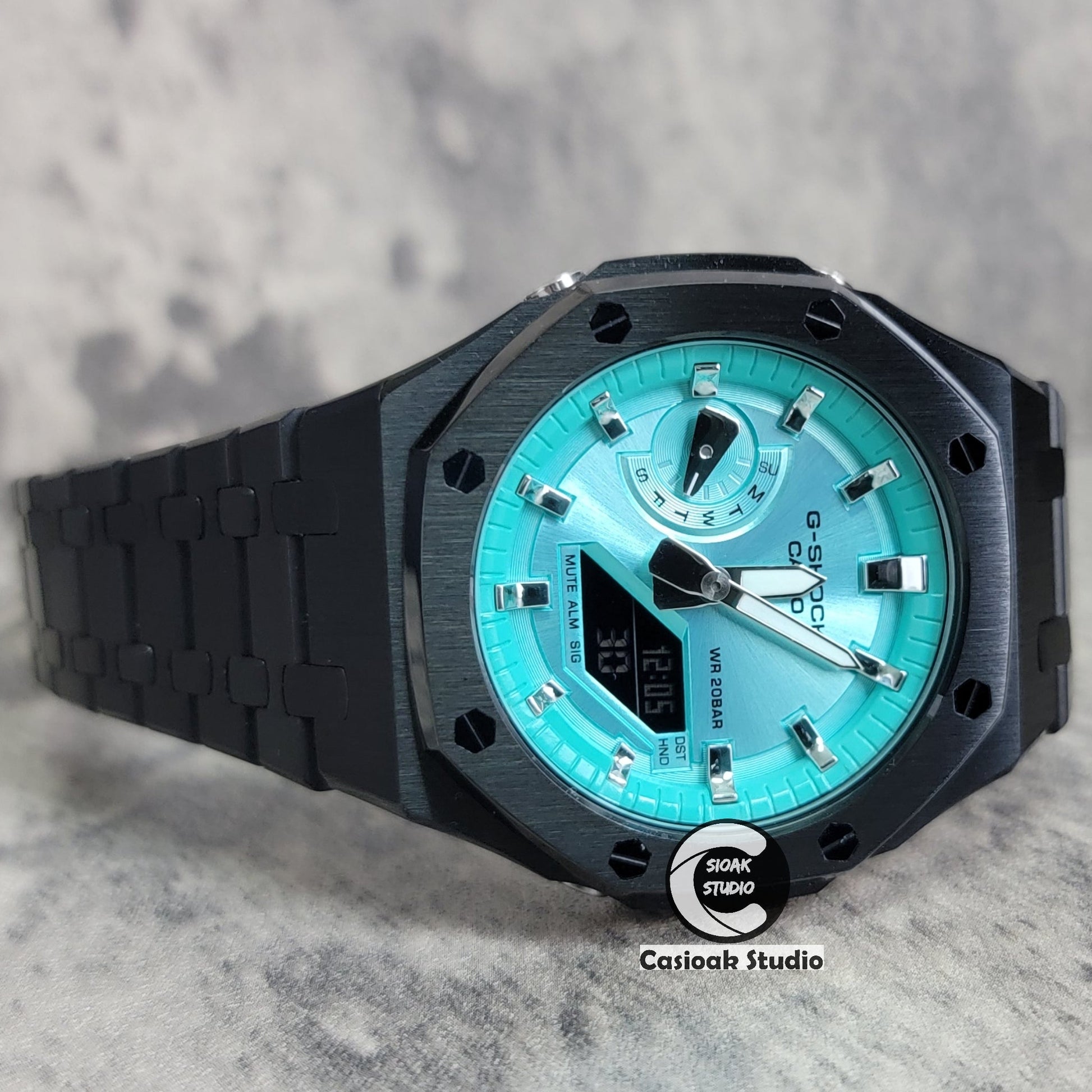 Casioak Mod Black Case Metal Strap Silver Time Mark Blue Dial 44mm- Casioak Mod Casio G-Shock Royal Oak Custom Mens Luxury Watches Ga2100