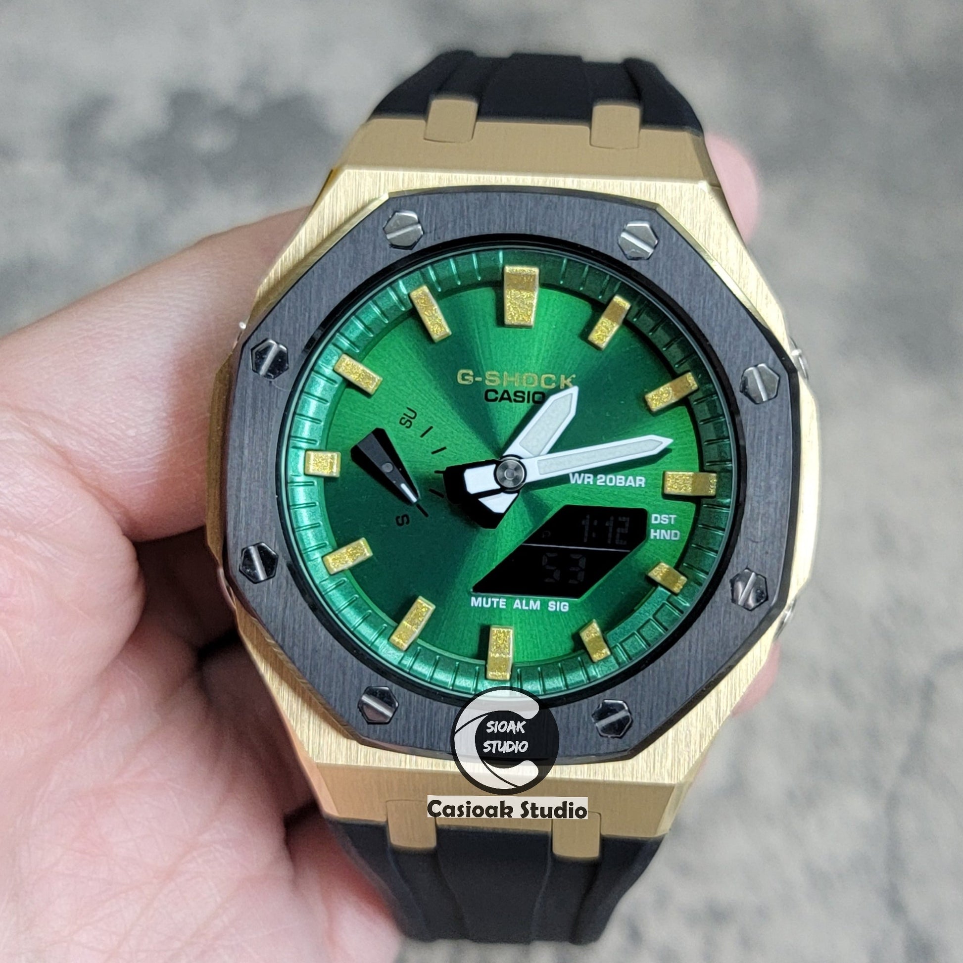 Casioak Mod Black Gold Case Metal Strap Black Gold Time Mark Green Dial 44mm- Casioak Mod Casio G-Shock Royal Oak Custom Mens Luxury Watches Ga2100