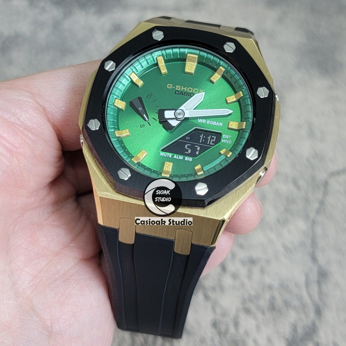 Casioak Mod Black Gold Case Metal Strap Black Gold Time Mark Green Dial 44mm- Casioak Mod Casio G-Shock Royal Oak Custom Mens Luxury Watches Ga2100