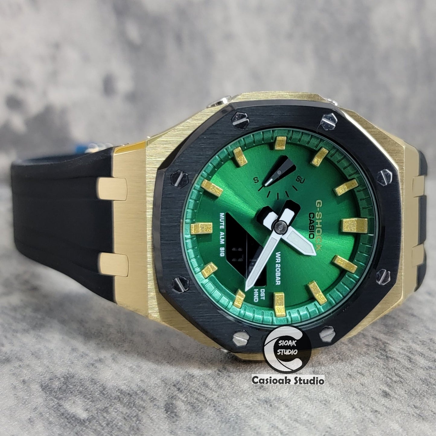 Casioak Mod Black Gold Case Metal Strap Black Gold Time Mark Green Dial 44mm- Casioak Mod Casio G-Shock Royal Oak Custom Mens Luxury Watches Ga2100