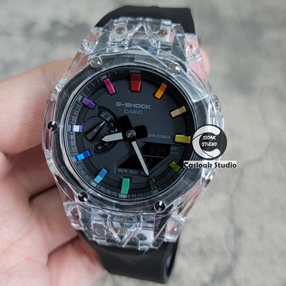 Casioak Mod Black Transparent Case Black Strap Black Rainbow Time Mark Black Dial 44mm- Casioak Mod Casio G-Shock Royal Oak Custom Mens Luxury Watches Ga2100