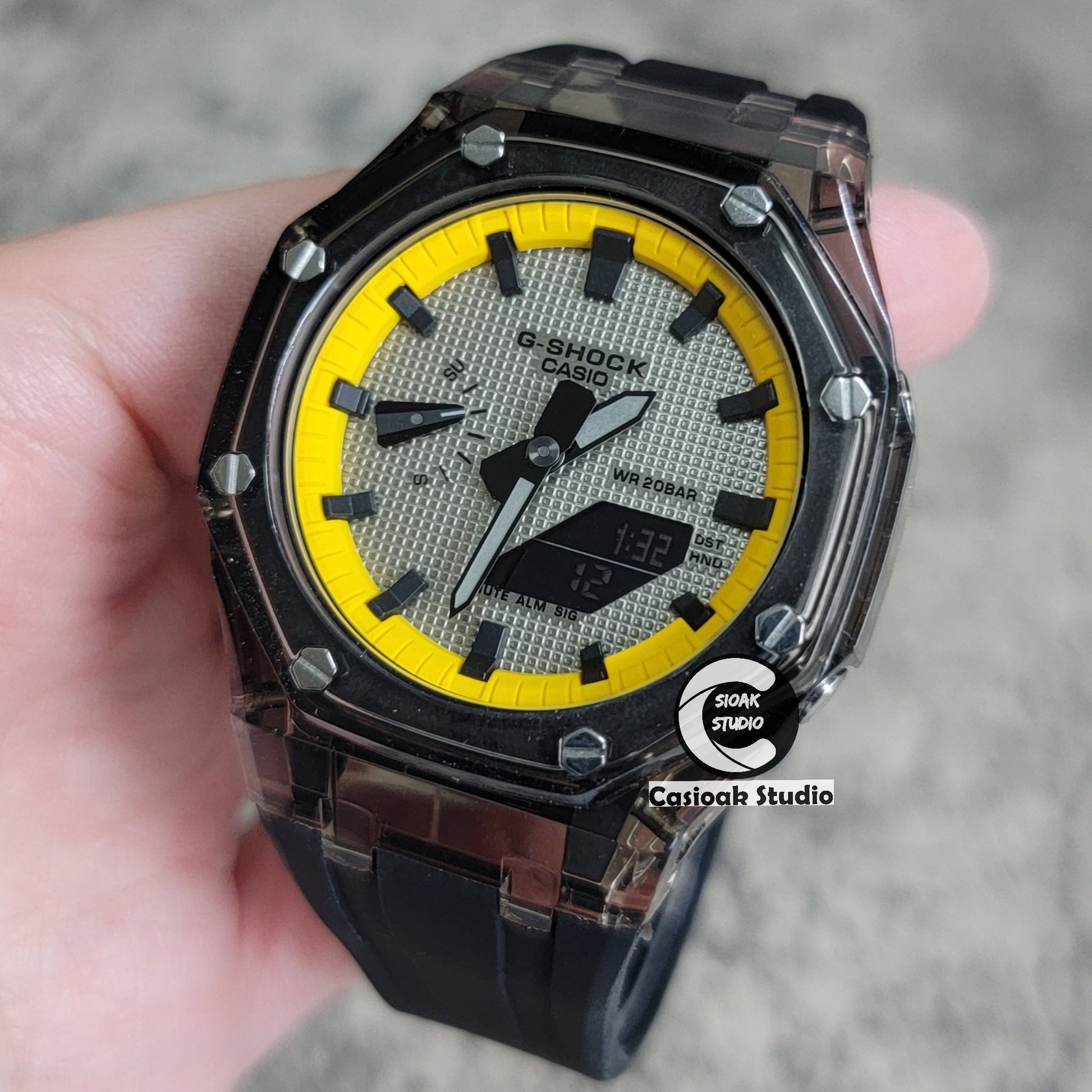 Casioak Mod Black Transparent Case Black Strap Yellow Black Time Mark Gray Waffle Dial 44mm- Casioak Mod Casio G-Shock Royal Oak Custom Mens Luxury Watches Ga2100