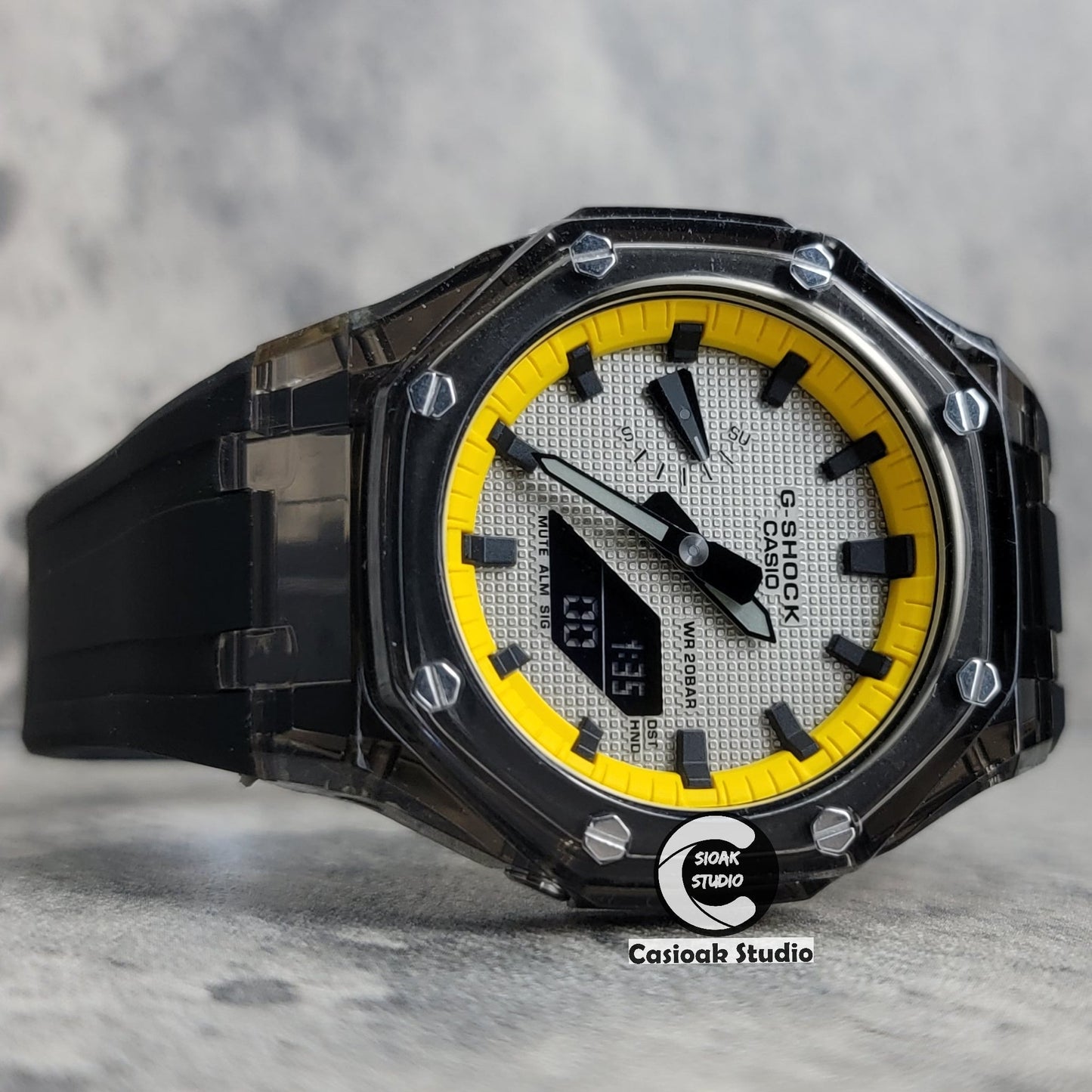 Casioak Mod Black Transparent Case Black Strap Yellow Black Time Mark Gray Waffle Dial 44mm- Casioak Mod Casio G-Shock Royal Oak Custom Mens Luxury Watches Ga2100