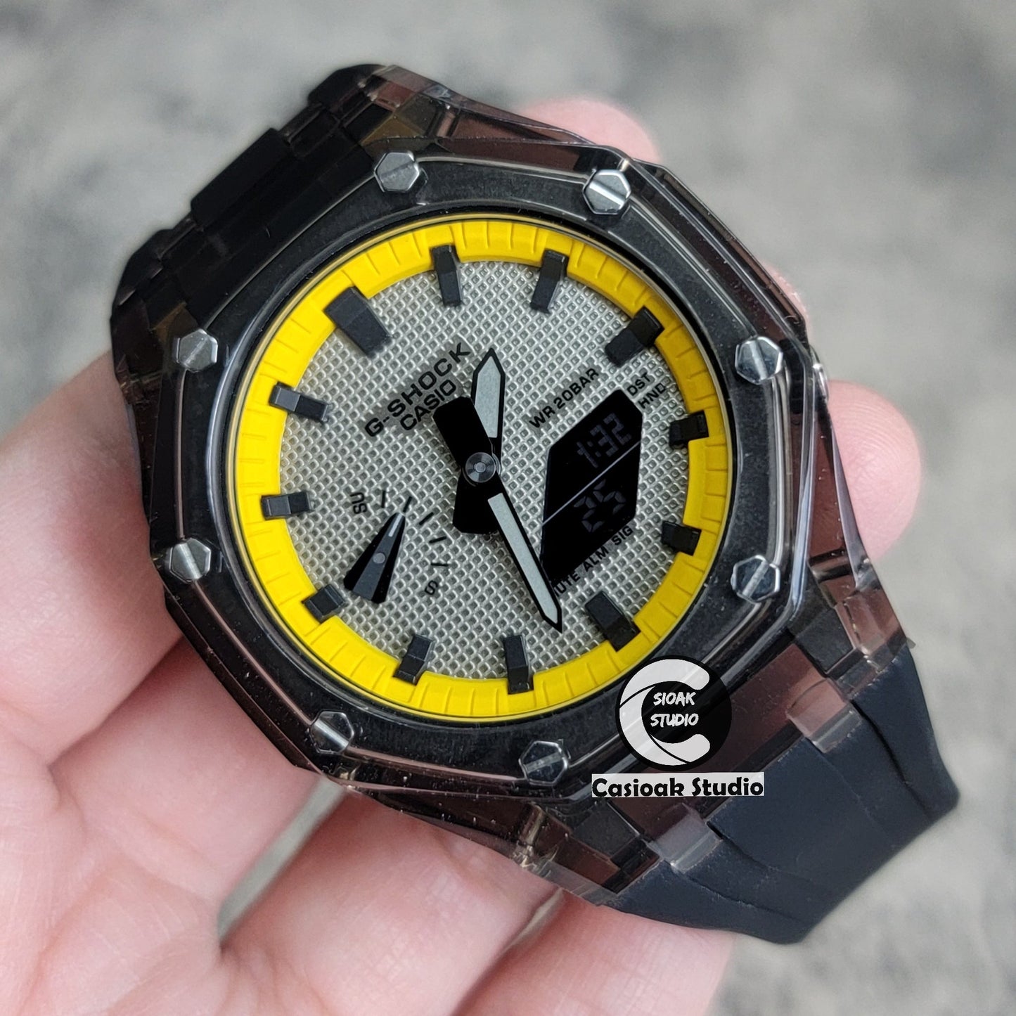 Casioak Mod Black Transparent Case Black Strap Yellow Black Time Mark Gray Waffle Dial 44mm- Casioak Mod Casio G-Shock Royal Oak Custom Mens Luxury Watches Ga2100