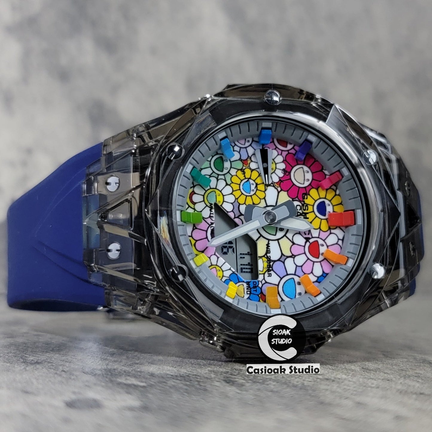 Casioak Mod Black Transparent Case Blue Strap Gray Rainbow Time Mark Takashi Murakami Dial 44mm- Casioak Mod Casio G-Shock Royal Oak Custom Mens Luxury Watches Ga2100