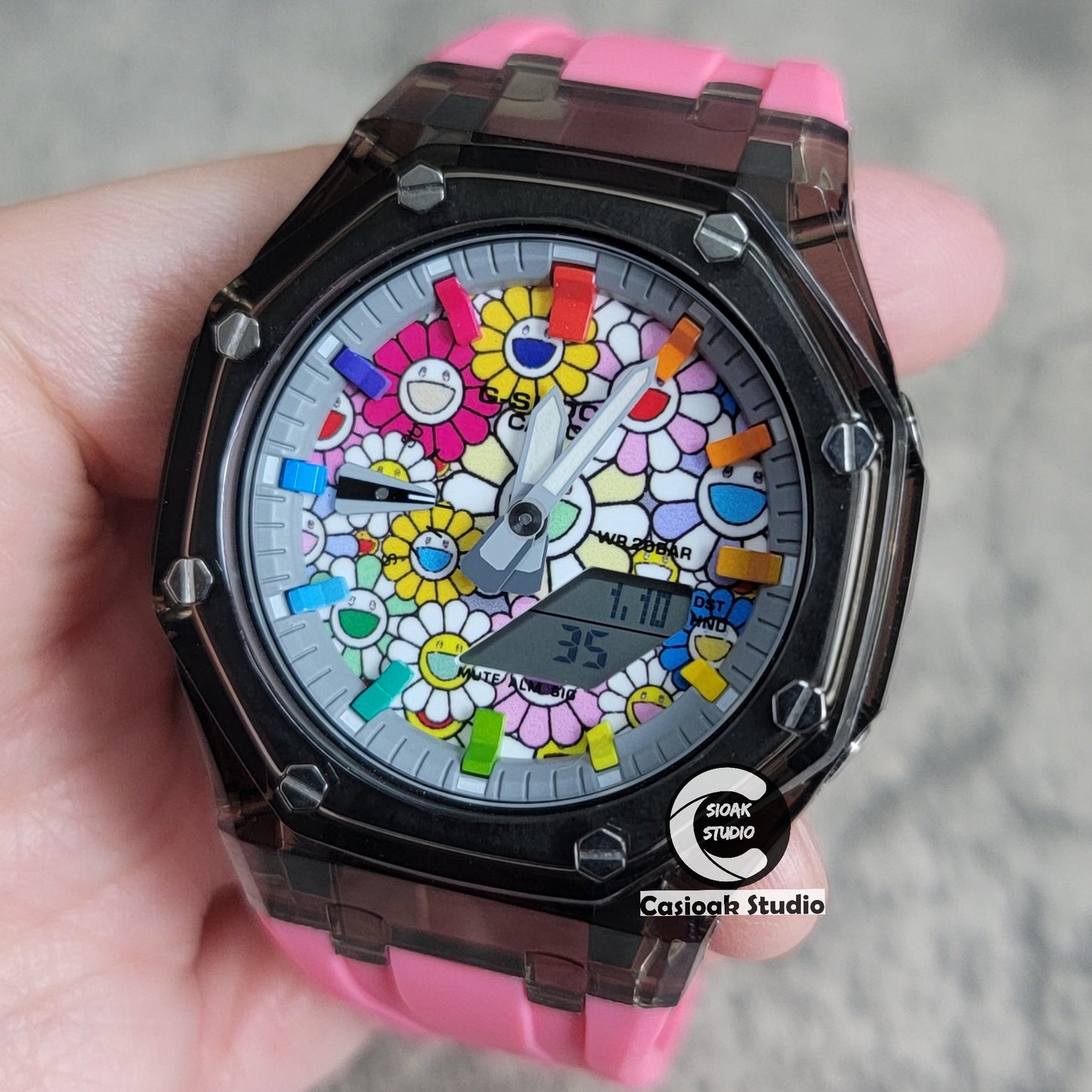 Casioak Mod Black Transparent Case Pink Strap Gray Rainbow Time Mark Takashi Murakami Dial 44mm- Casioak Mod Casio G-Shock Royal Oak Custom Mens Luxury Watches Ga2100