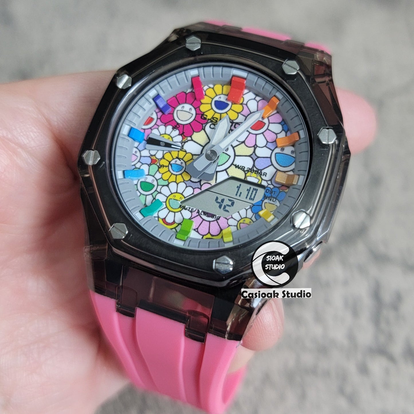 Casioak Mod Black Transparent Case Pink Strap Gray Rainbow Time Mark Takashi Murakami Dial 44mm- Casioak Mod Casio G-Shock Royal Oak Custom Mens Luxury Watches Ga2100