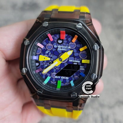 Casioak Mod Black Transparent Case Yellow Strap Black Rainbow Time Mark Purple Takashi Murakami Dial 44mm- Casioak Mod Casio G-Shock Royal Oak Custom Mens Luxury Watches Ga2100