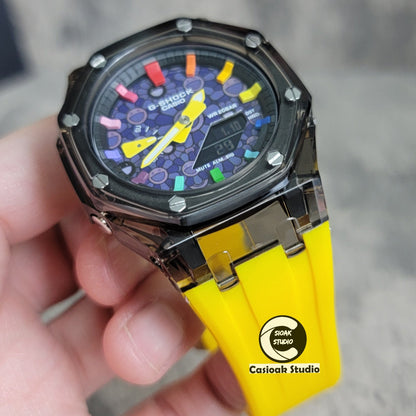 Casioak Mod Black Transparent Case Yellow Strap Black Rainbow Time Mark Purple Takashi Murakami Dial 44mm- Casioak Mod Casio G-Shock Royal Oak Custom Mens Luxury Watches Ga2100