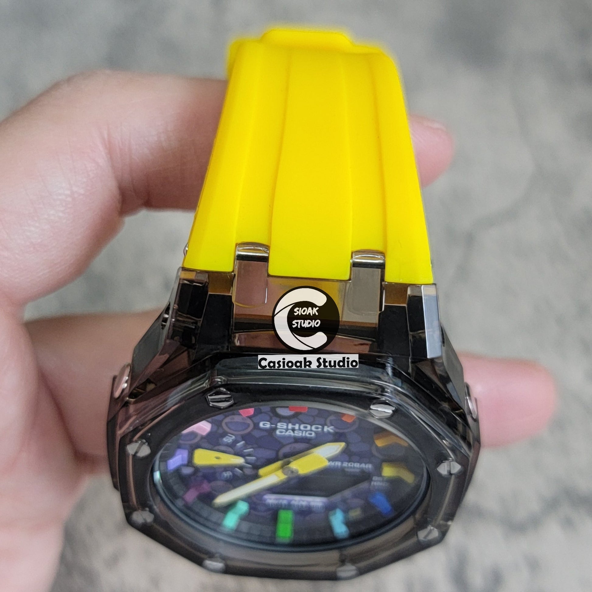 Casioak Mod Black Transparent Case Yellow Strap Black Rainbow Time Mark Purple Takashi Murakami Dial 44mm- Casioak Mod Casio G-Shock Royal Oak Custom Mens Luxury Watches Ga2100