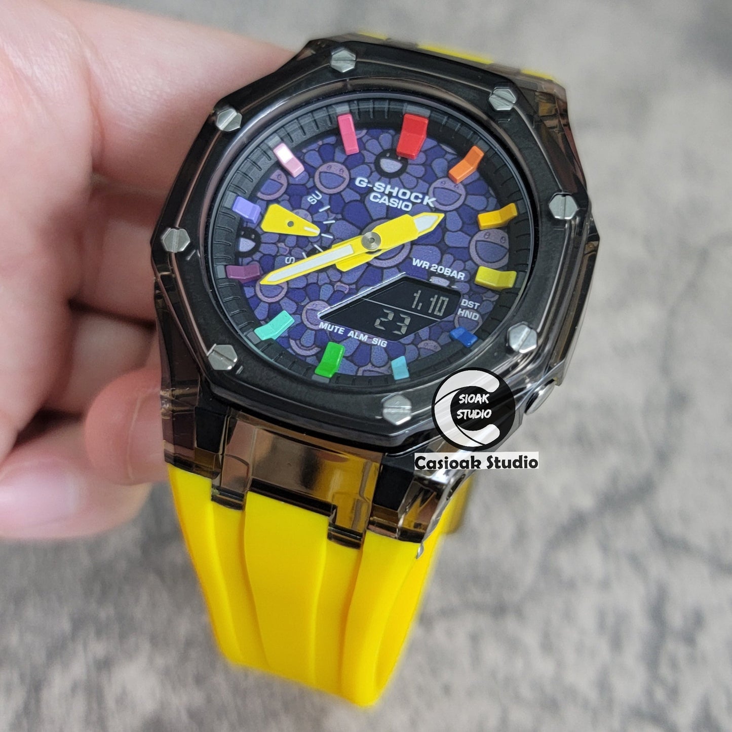 Casioak Mod Black Transparent Case Yellow Strap Black Rainbow Time Mark Purple Takashi Murakami Dial 44mm- Casioak Mod Casio G-Shock Royal Oak Custom Mens Luxury Watches Ga2100