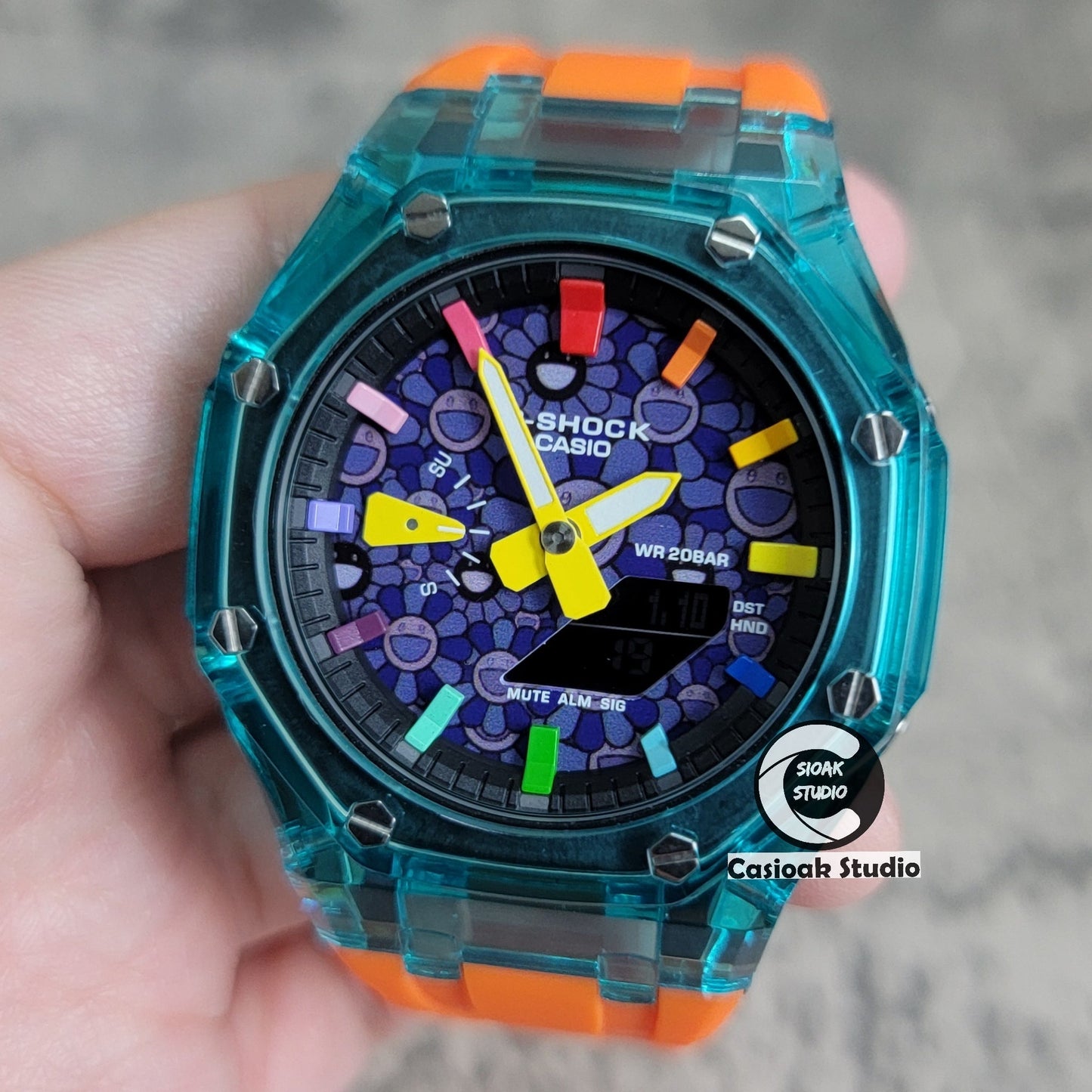 Casioak Mod Blue Transparent Case Orange Strap Black Rainbow Time Mark Purple Takashi Murakami Dial 44mm- Casioak Mod Casio G-Shock Royal Oak Custom Mens Luxury Watches Ga2100