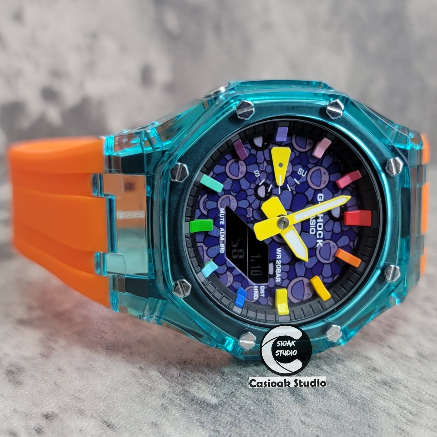 Casioak Mod Blue Transparent Case Orange Strap Black Rainbow Time Mark Purple Takashi Murakami Dial 44mm- Casioak Mod Casio G-Shock Royal Oak Custom Mens Luxury Watches Ga2100