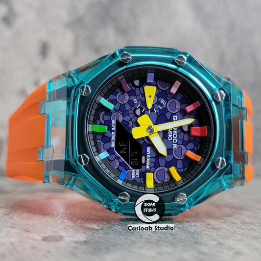 Casioak Mod Blue Transparent Case Orange Strap Black Rainbow Time Mark Purple Takashi Murakami Dial 44mm- Casioak Mod Casio G-Shock Royal Oak Custom Mens Luxury Watches Ga2100