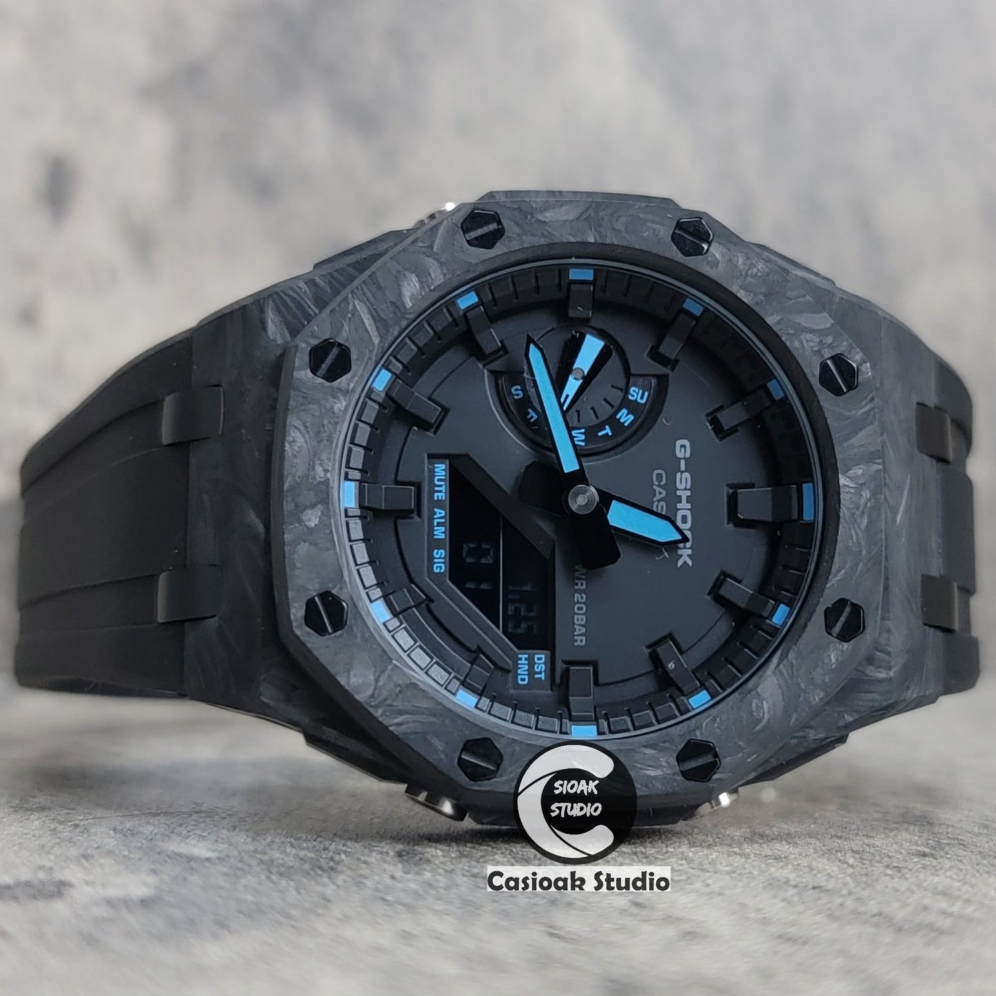 Casioak Mod Carbon Fiber Offshore Superior Black Case Black Strap Black Time Mark Black Dial 44mm- Casioak Mod Casio G-Shock Royal Oak Custom Mens Luxury Watches Ga2100