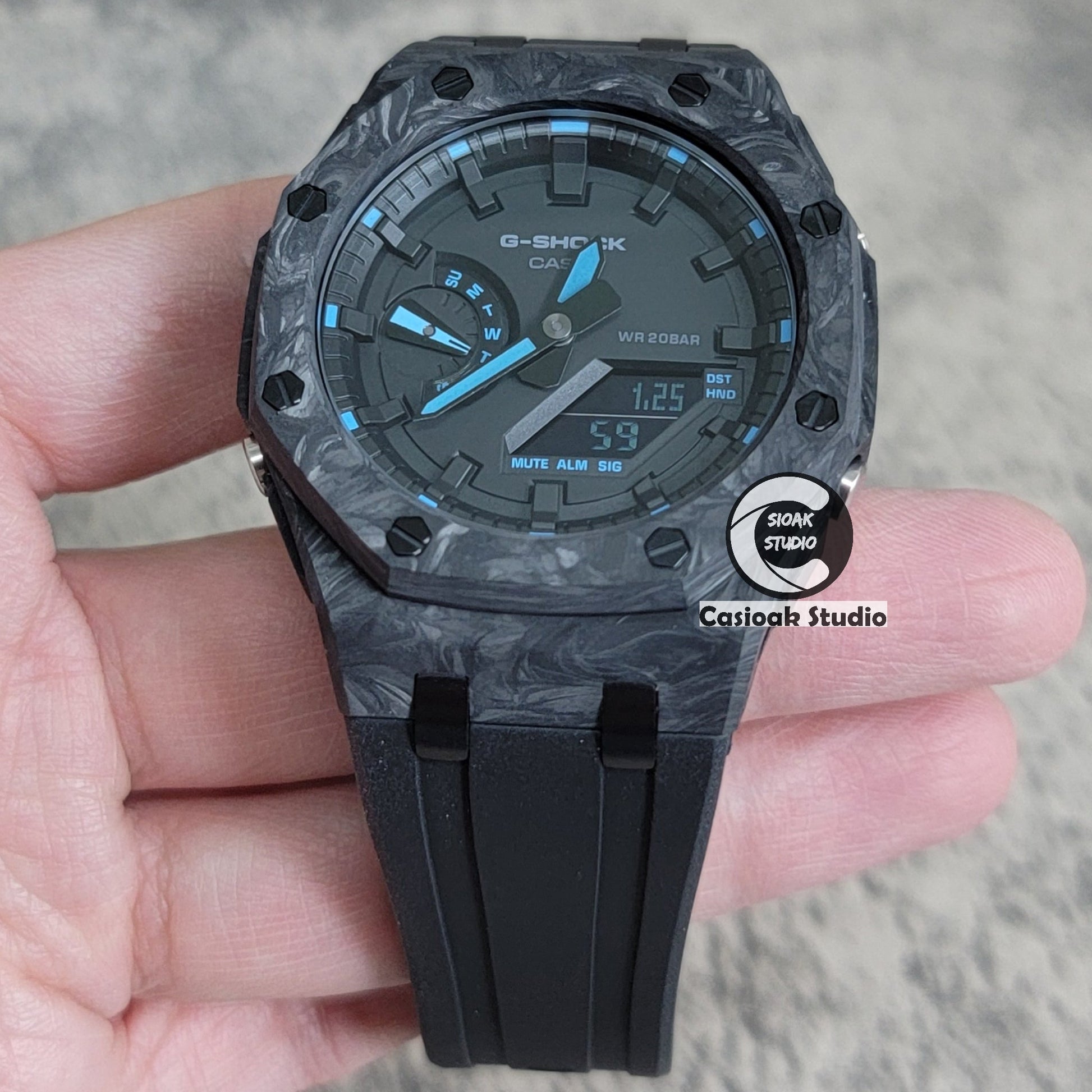 Casioak Mod Carbon Fiber Offshore Superior Black Case Black Strap Black Time Mark Black Dial 44mm- Casioak Mod Casio G-Shock Royal Oak Custom Mens Luxury Watches Ga2100