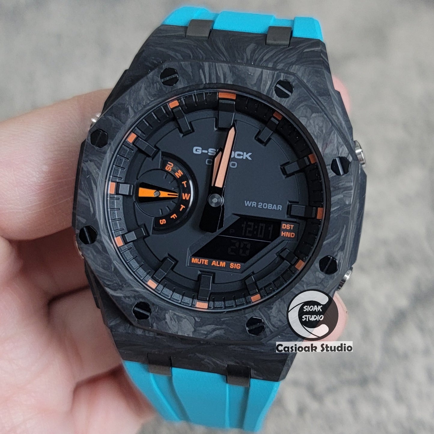 Casioak Mod Carbon Fiber Offshore Superior Black Case Tiff Blue Strap Black Time Mark Black Dial 44mm Orange Style- Casioak Mod Casio G-Shock Royal Oak Custom Mens Luxury Watches Ga2100