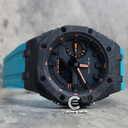 Casioak Mod Carbon Fiber Offshore Superior Black Case Tiff Blue Strap Black Time Mark Black Dial 44mm Orange Style- Casioak Mod Casio G-Shock Royal Oak Custom Mens Luxury Watches Ga2100