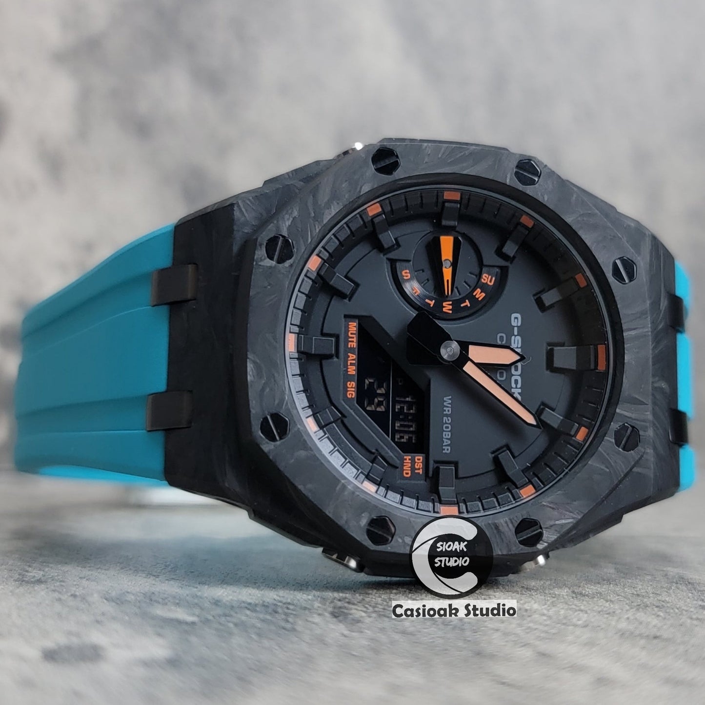 Casioak Mod Carbon Fiber Offshore Superior Black Case Tiff Blue Strap Black Time Mark Black Dial 44mm Orange Style- Casioak Mod Casio G-Shock Royal Oak Custom Mens Luxury Watches Ga2100