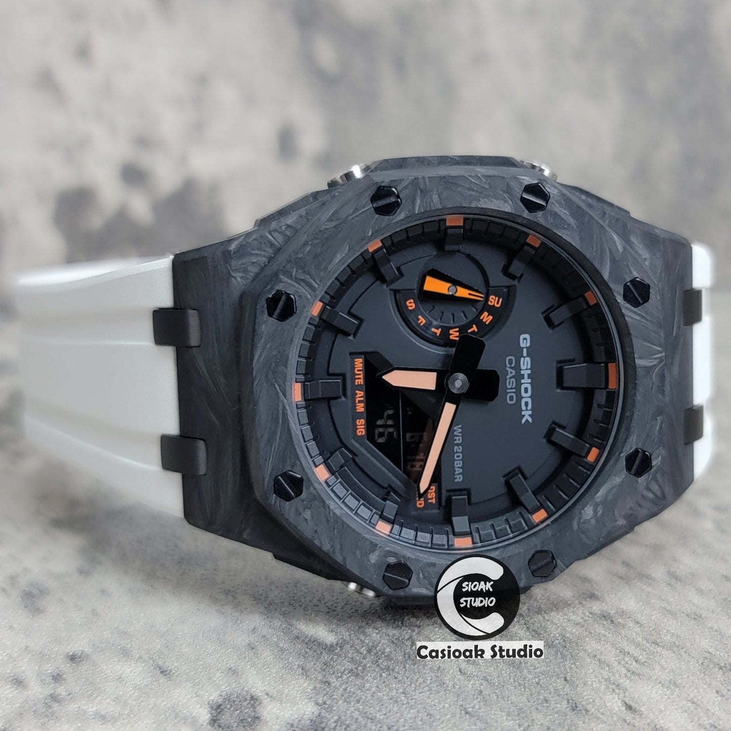 Casioak Mod Carbon Fiber Offshore Superior Black Case White Strap Black Time Mark Black Dial 44mm Orange Style- Casioak Mod Casio G-Shock Royal Oak Custom Mens Luxury Watches Ga2100