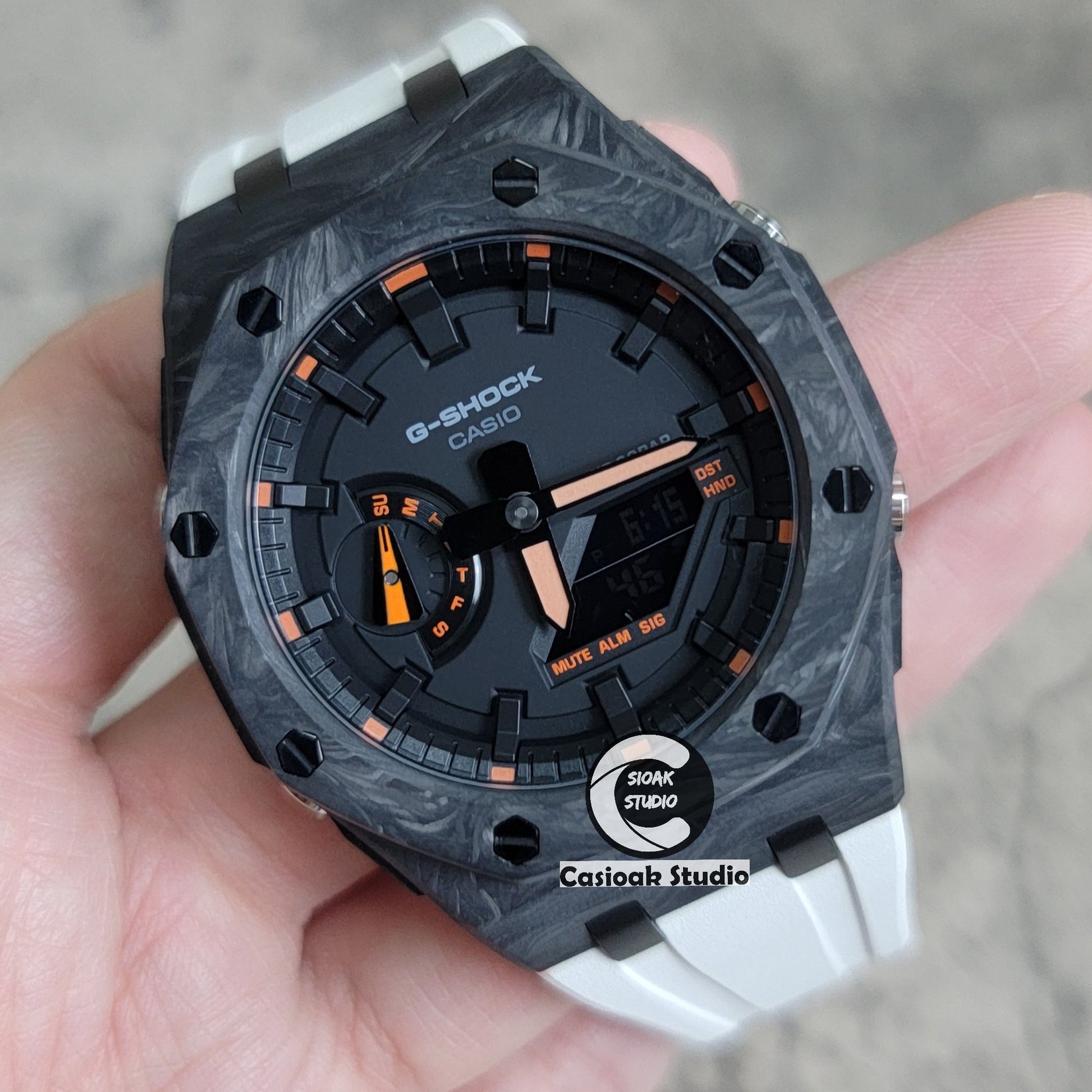 Casioak Mod Carbon Fiber Offshore Superior Black Case White Strap Black Time Mark Black Dial 44mm Orange Style- Casioak Mod Casio G-Shock Royal Oak Custom Mens Luxury Watches Ga2100