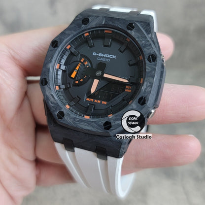 Casioak Mod Carbon Fiber Offshore Superior Black Case White Strap Black Time Mark Black Dial 44mm Orange Style- Casioak Mod Casio G-Shock Royal Oak Custom Mens Luxury Watches Ga2100