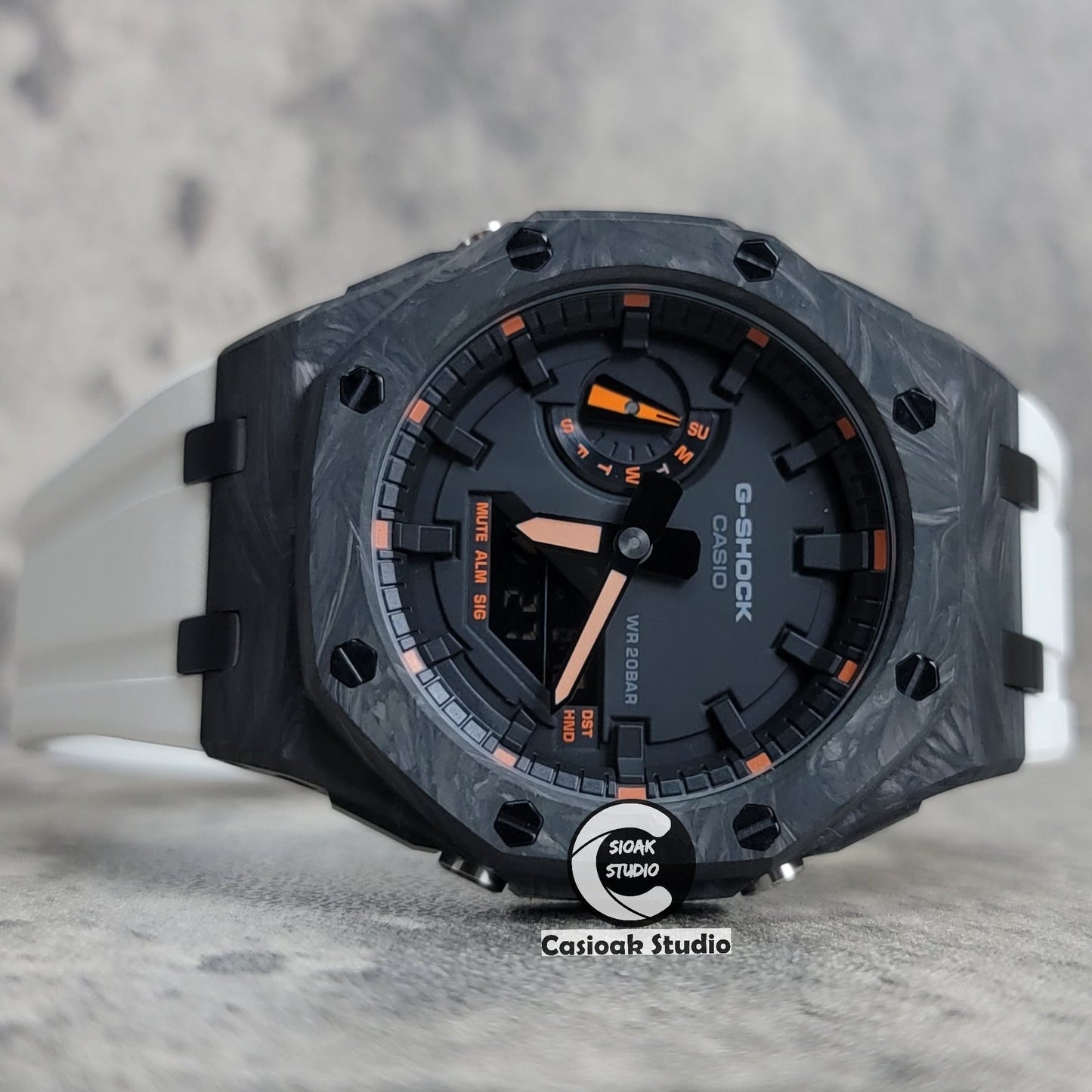 Casioak Mod Carbon Fiber Offshore Superior Black Case White Strap Black Time Mark Black Dial 44mm Orange Style- Casioak Mod Casio G-Shock Royal Oak Custom Mens Luxury Watches Ga2100